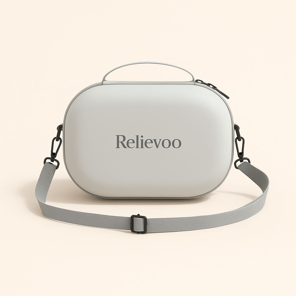 Relievoo protective carrying case open showing organized compartments