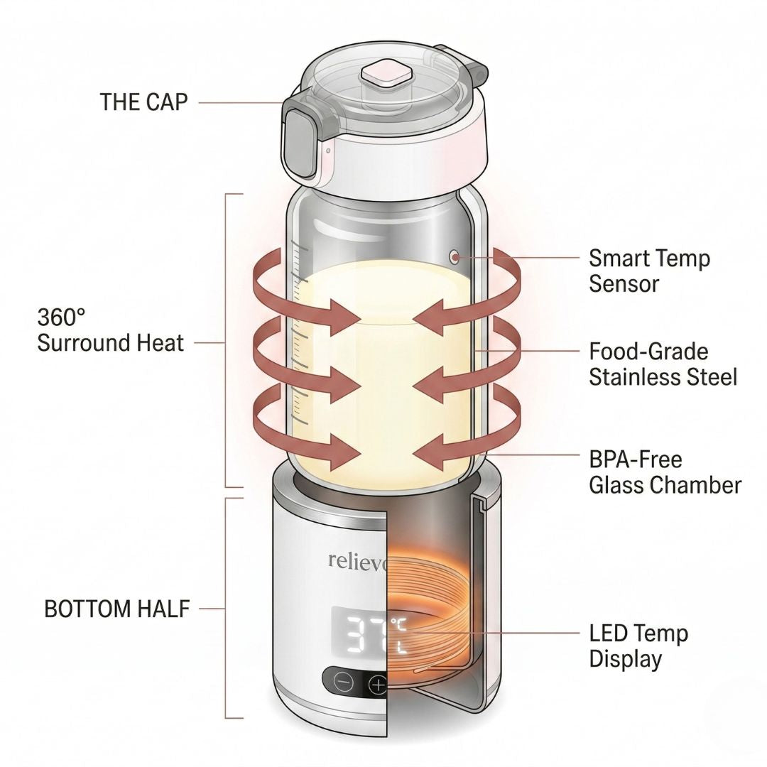 360° Surround Heat Technology - Relievoo Nomad Bottle Warmer Cutaway Diagram