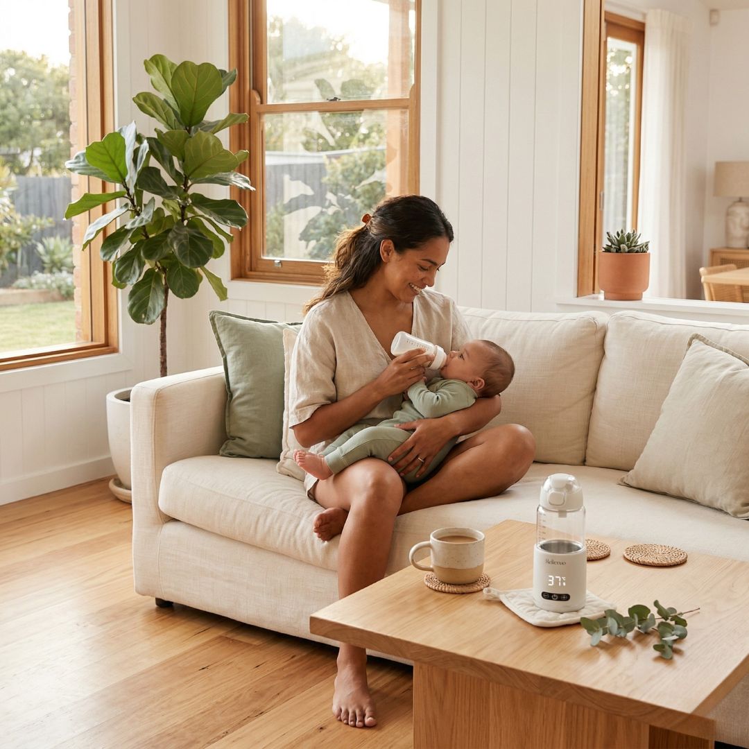 Mom Feeding Baby With Relievoo Nomad Bottle Warmer In Living Room