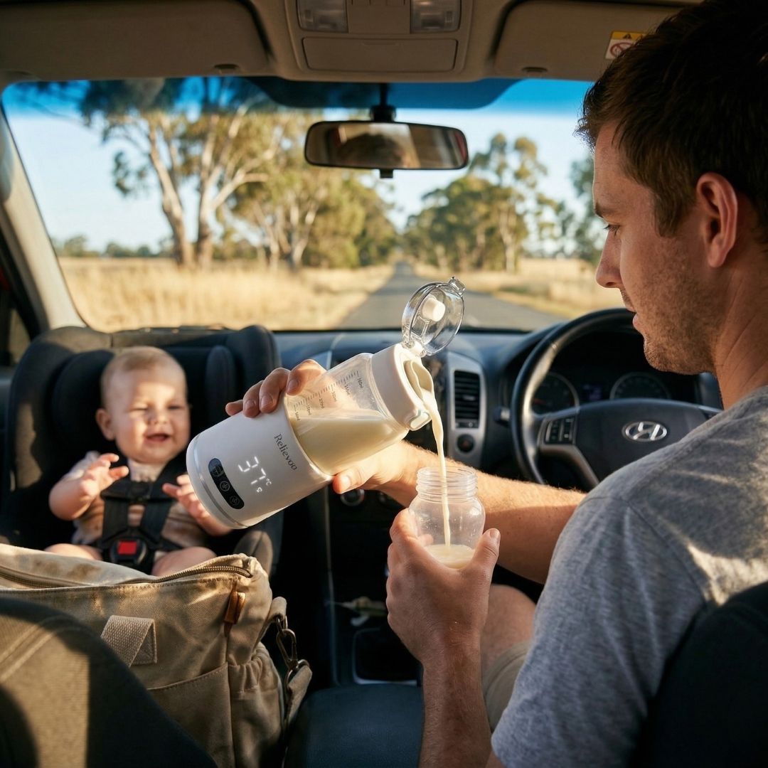 Dad Using Relievoo Nomad Bottle Warmer During Road Trip - Car Feeding