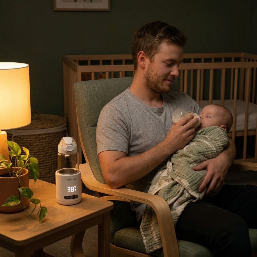 Dad Night Feed With Relievoo Nomad Portable Bottle Warmer In Nursery