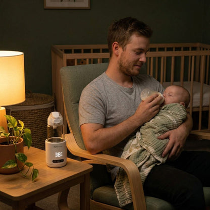 Dad Night Feed With Relievoo Nomad Portable Bottle Warmer In Nursery