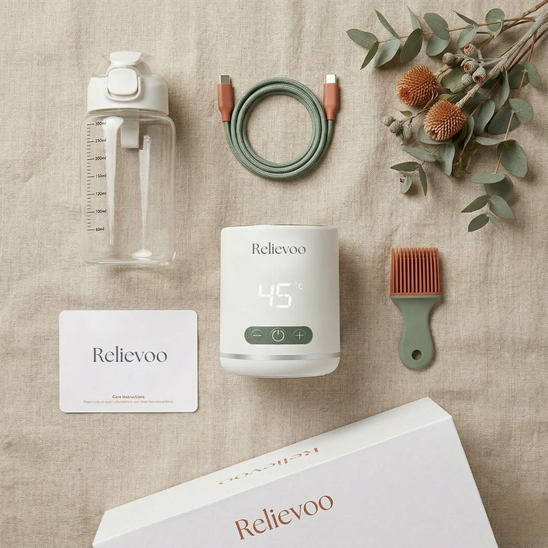 Flat Lay What's In The Box - Relievoo Nomad Bottle Warmer Accessories
