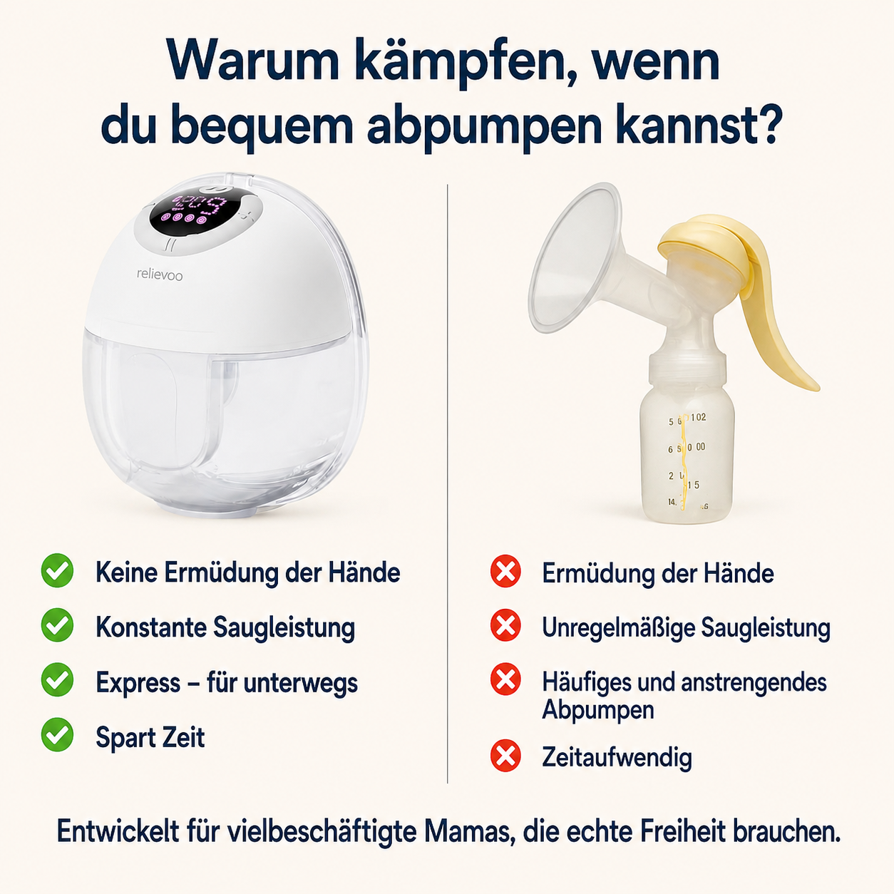 Relievoo tragbare Milchpumpe vs Handmilchpumpe — freihändig, konstante Saugkraft