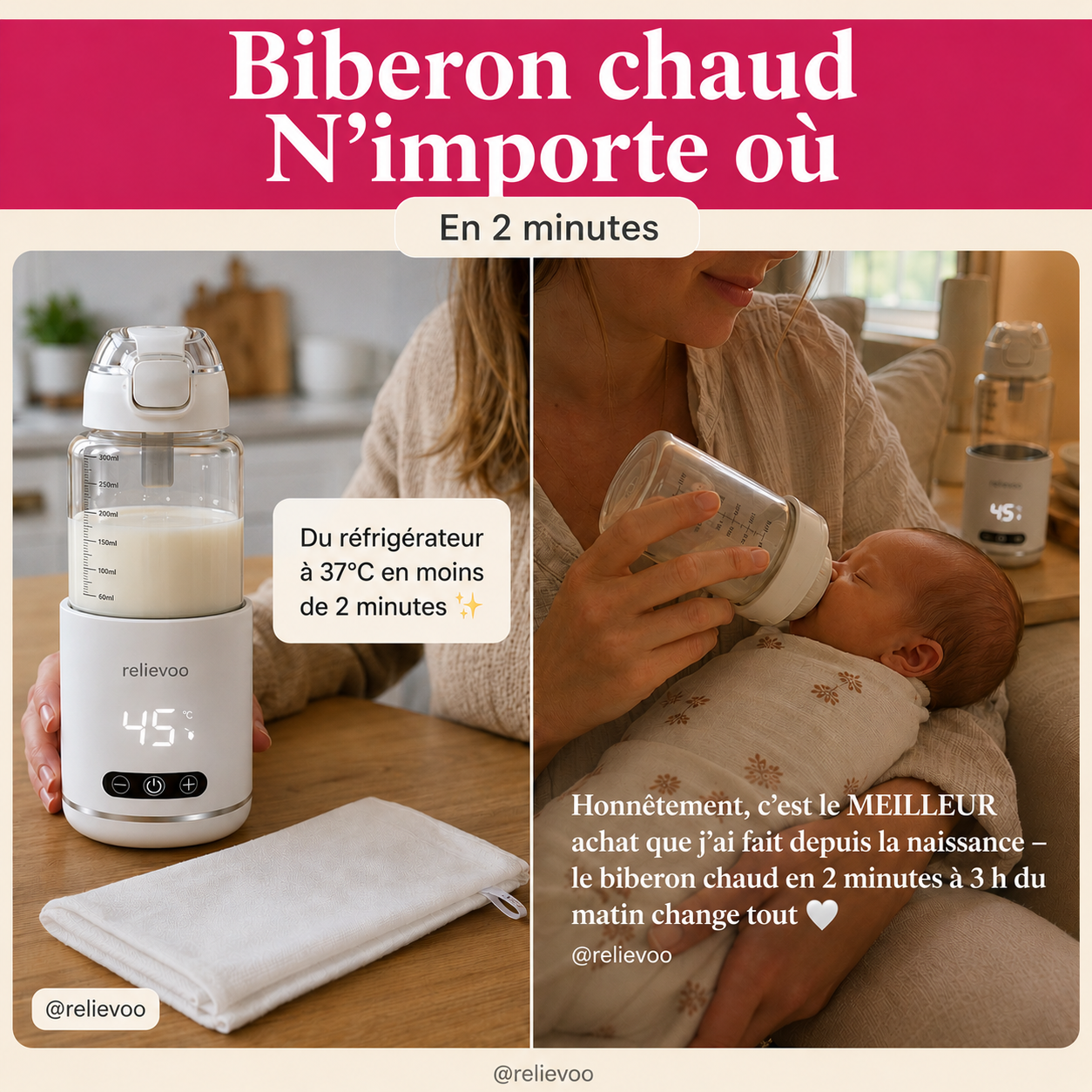 Biberon chaud n'importe où en 2 minutes avec le chauffe-biberon Relievoo