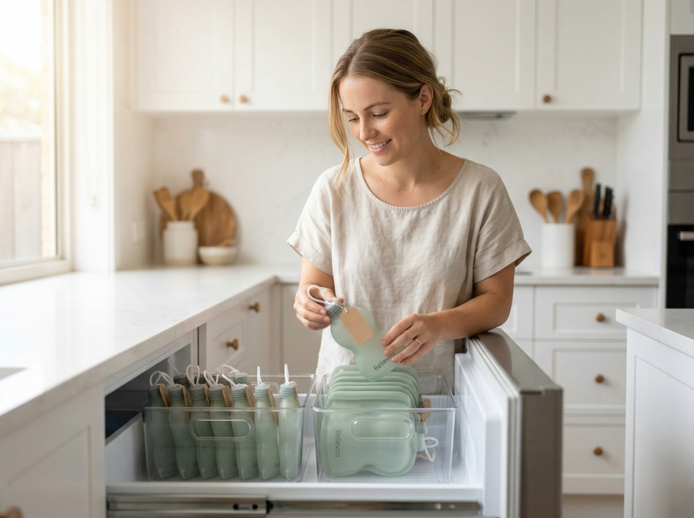 American mom organizing Relievoo silicone storage bags in freezer