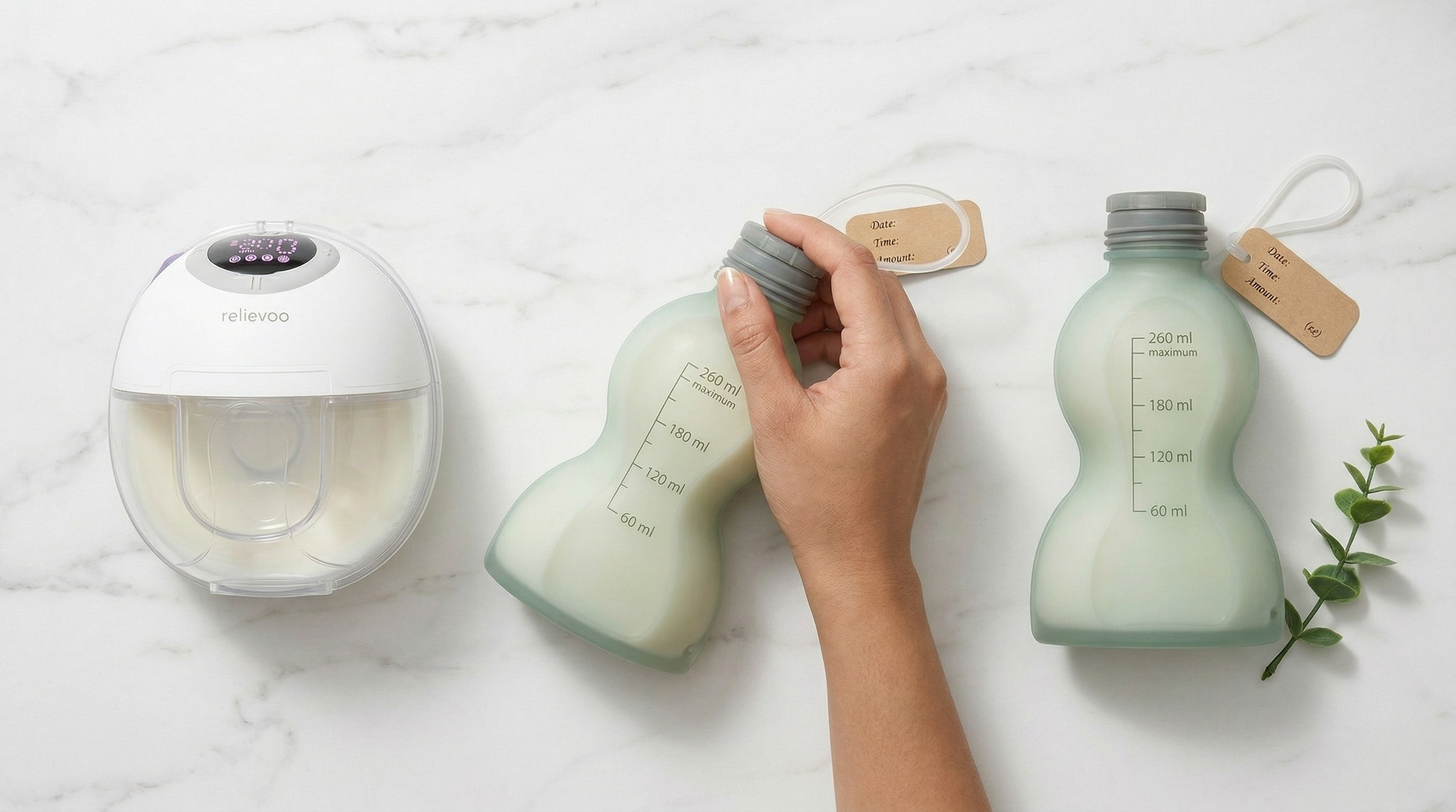 Relievoo ecosystem — storage bags with breast pump, warmer and carrying case